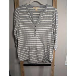 Michael Kors Gray and White Striped 3/4 Sleeve Shirt Medium